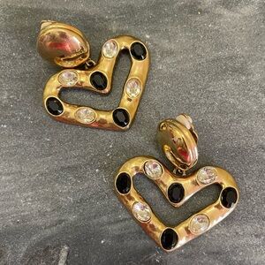 Vintage Givenchy Gold Black Onyx Crystal Heart Clip On Statement Earrings